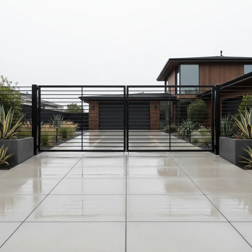 Custom steel swing gate at a residential driveway