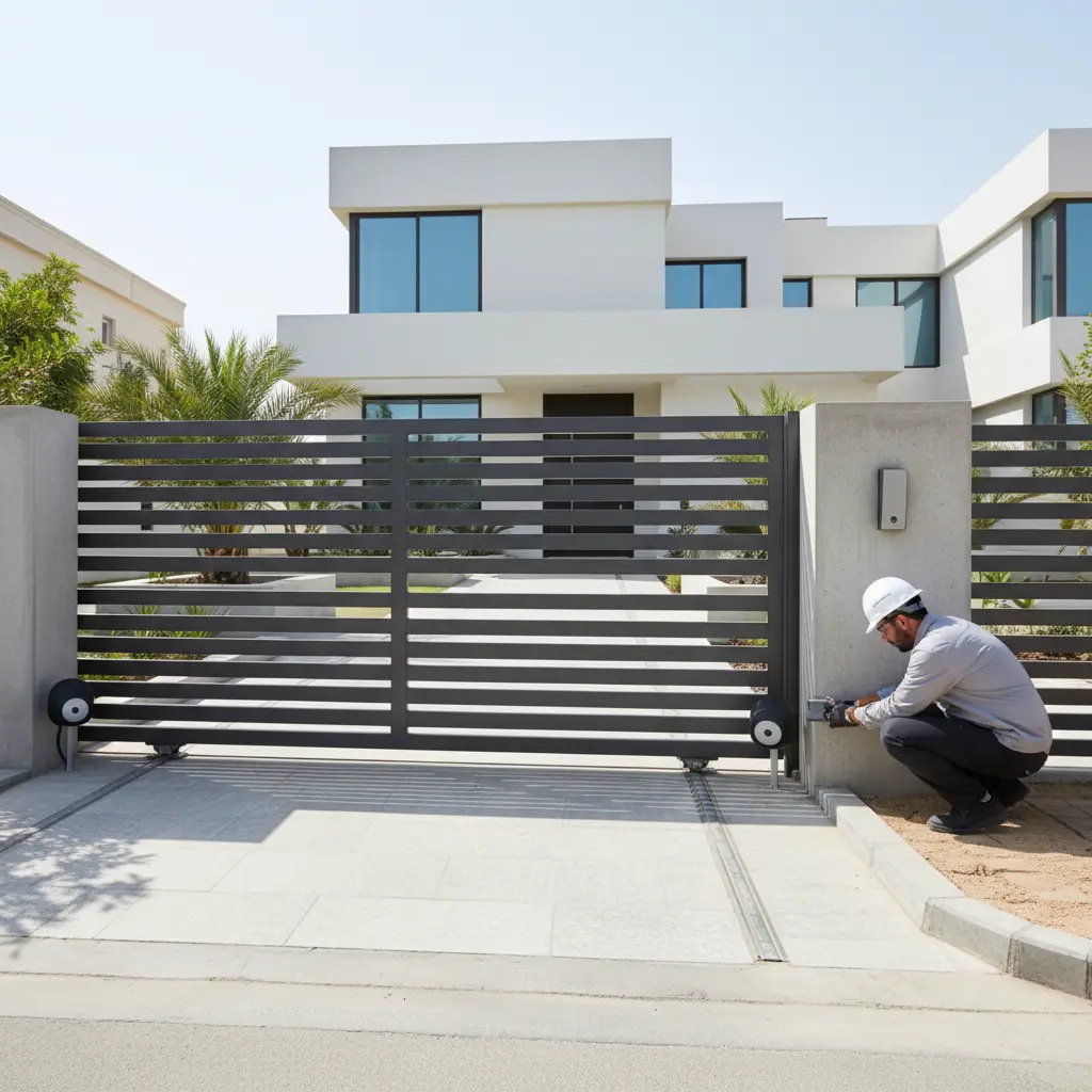Modern motorized sliding gate installation at a Doha residence