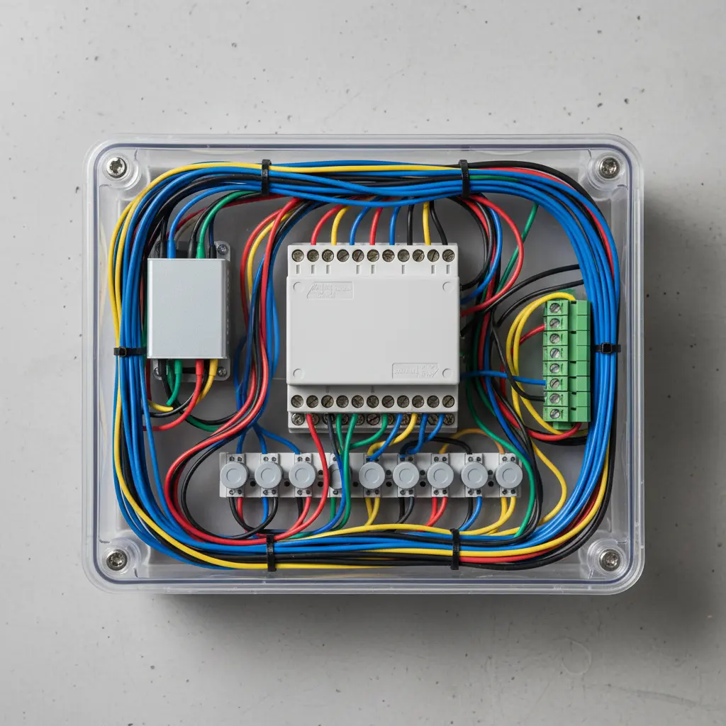 IoT smart relay and sensor wiring in a weatherproof enclosure